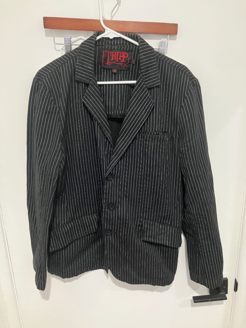 Vintage Tripp NYC Men's Pinstripe Blazer Jacket Black White Size L Goth Punk